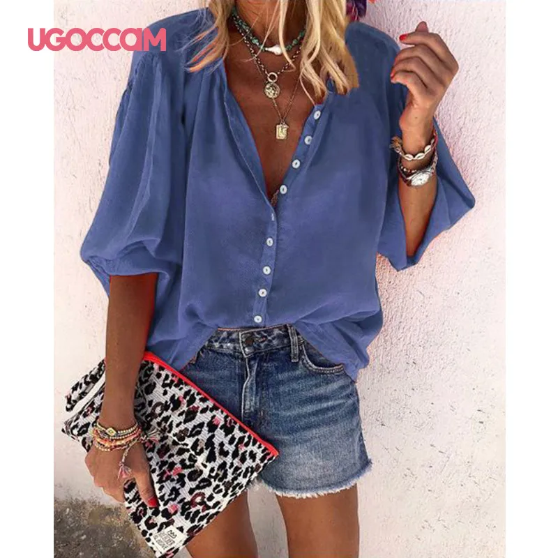 

UGOCCAM Office Ladies Blouse Long Sleeve 2020 Spring Autumn Turndown Collar Shirts Solid Basic V-Neck Elegant Plus Size Shirt 5X
