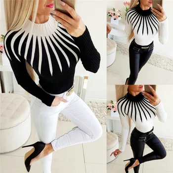 

Women Color Matching Turtleneck Sweater Long Sleeve Slim fit Casual Clothing Patchwork Bodycon OL Fall Autumn Warm Sweater