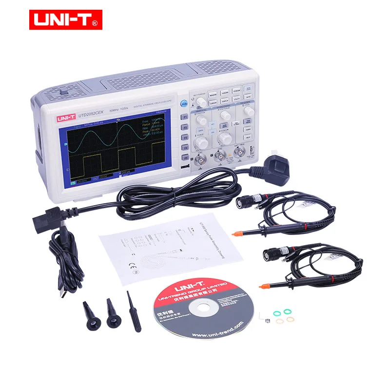 UNI-T UTD2052CEX цифровой накопитель осциллографы 2CH 50 МГц 1Gsa прицел метр 7 дюймов широкоформатный ЖК-дисплей USB OTG интерфейс