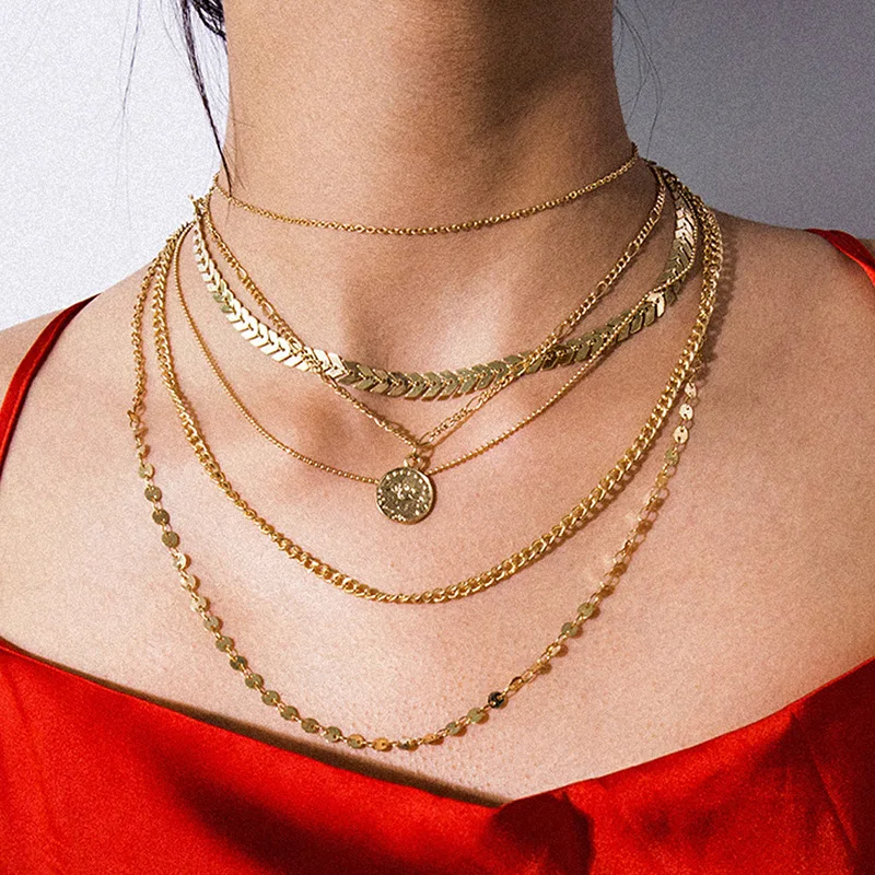 

Multi-Layer Necklace Chain Personality Sequins Beaded Item Fashion Retro Coin Airplane Chain Geometric Temperament Necklace