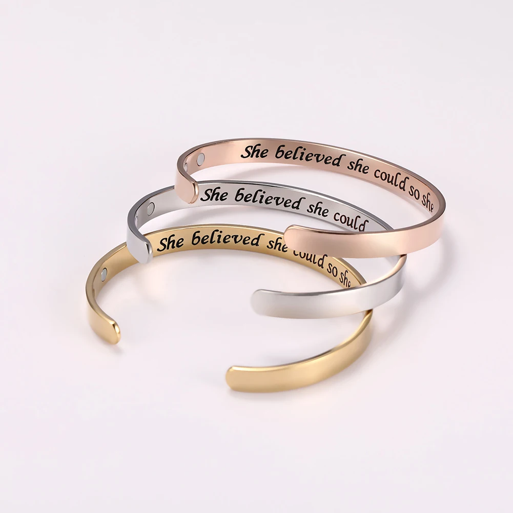 Myshape 316L Stainless Steel Engraved She Believed She Could So She Did 3 Magnets Healthy Magnetic Women Cuff Bangle Jewelry