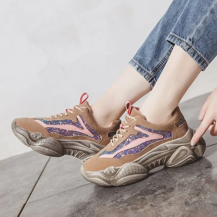 Кроссовки женские на платформе повседневная Брендовая обувь с блестками толстой