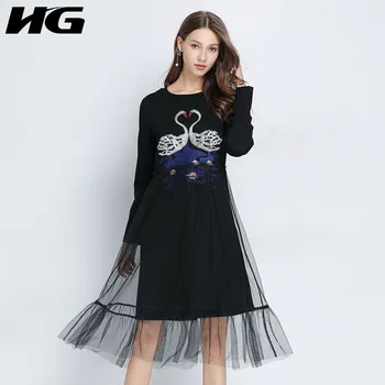 

HG Spring Plus Size Swan Embroidered Dresses Fashion Mesh Embellished Ruffle Dress Women Long Sleeve Oversized Top XJ4191