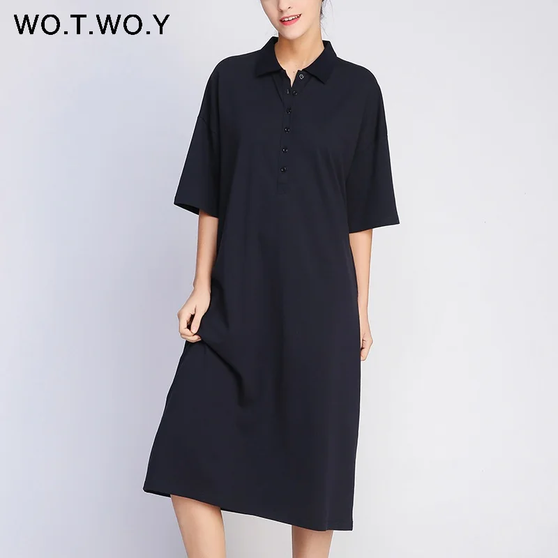 8230DarkBlue WOTWOY летнее женское платье с отложным воротником, рукав до локтя, длина до колена, прямое женское платье, Повседневная элегантная хлопковая одежда на пуговицах - Цвет: 8230DarkBlue