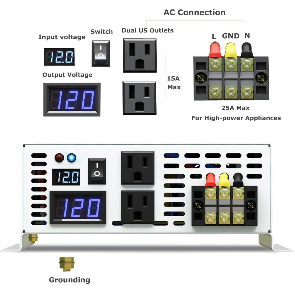 순수 사인파 태양광 인버터, 자동차 전원 인버터 변압기, 3000W, 24V, 220V, 12V, 36V, 48V DC에서 120V, 230V, 240V AC 원격 제어