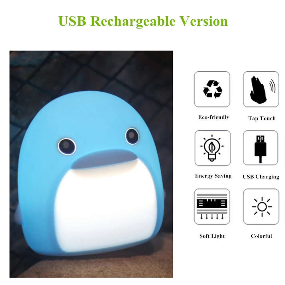 Dolphin LED Night Light Touch Sensor Colorful Cartoon Silicone Animal Table Lamp USB Bedside Lamp for Children Kids Baby Gift