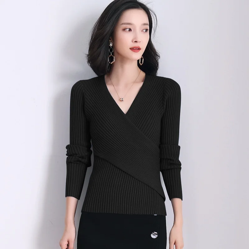 Модный свитер, женский элегантный вязаный тонкий свитер с v-образным вырезом и длинными рукавами, пуловер-стретч, женские шикарные топы AA5065 - Цвет: 2