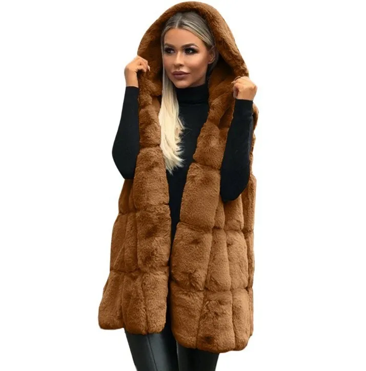 Жилет из искусственного меха, Женское зимнее повседневное длинное пальто без рукавов, Женский Пушистый Плюшевый жилет с капюшоном, пальто для женщин, меховая куртка, S-2XL