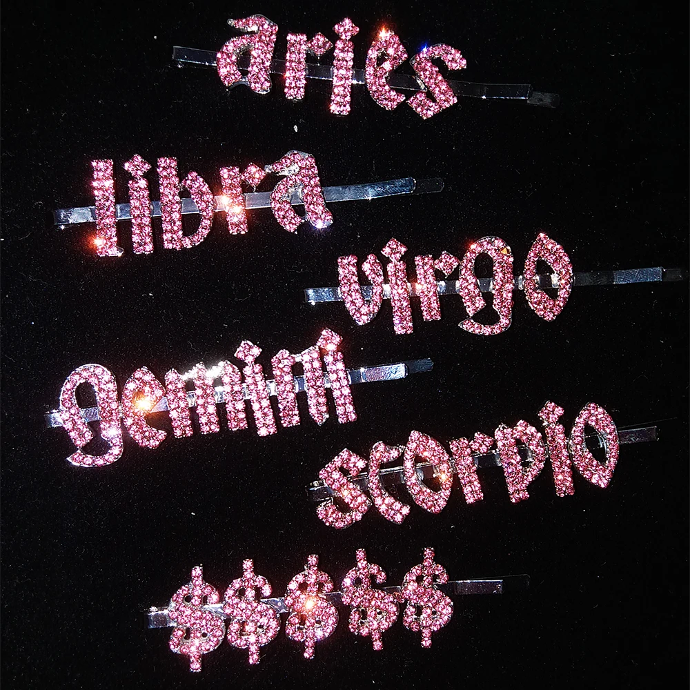 WHOLESALE Zodiac Hair Pins Custom Pink Color Rhinestone Letter Clips Dollar Sign Bobby Pin Wedding Crystal Bridal Barrette | Украшения и