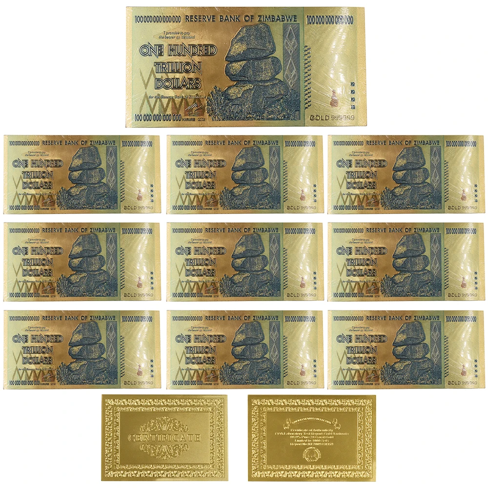 Бизнес сувенир подарки 10 шт один вигинтильон доллар Zimbabwe Виа 24 позолоченные банкноты с УФ светильник - Цвет: trillion
