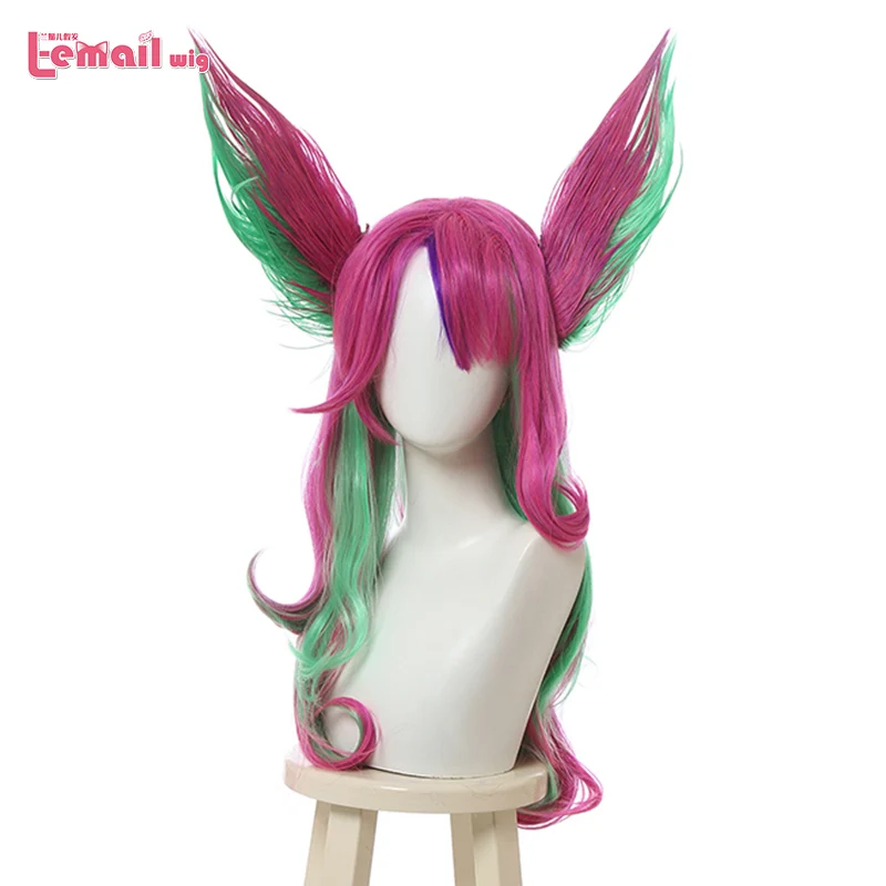 

L-email wig LoL Xayah Cosplay Wigs Star Guardians Long Pink Green Cosplay Wig with Ears Halloween Heat Resistant Synthetic Hair