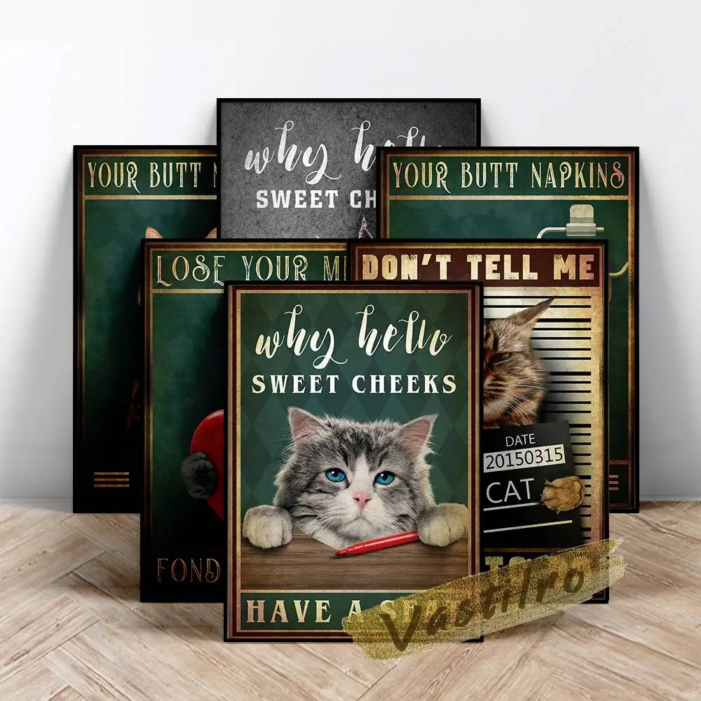 

Amusing Kitten Retro Prints Poster, Comical Cute Grey Cat Vintage Art Canvas Painting, Pet Shop Wall Picture Kids Room Decor