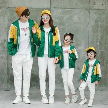 

2019 autumn children's clothing parent-child windbreaker patchwork family matching clothes mommy and mini me jackets/ pants