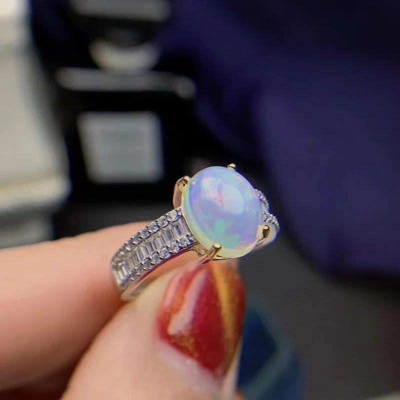 

8mm*10mm Natural Big Opal Gemstone Fashion Simple Ring for Women Real 925 Sterling Silver Charm Fine Wedding Jewelry