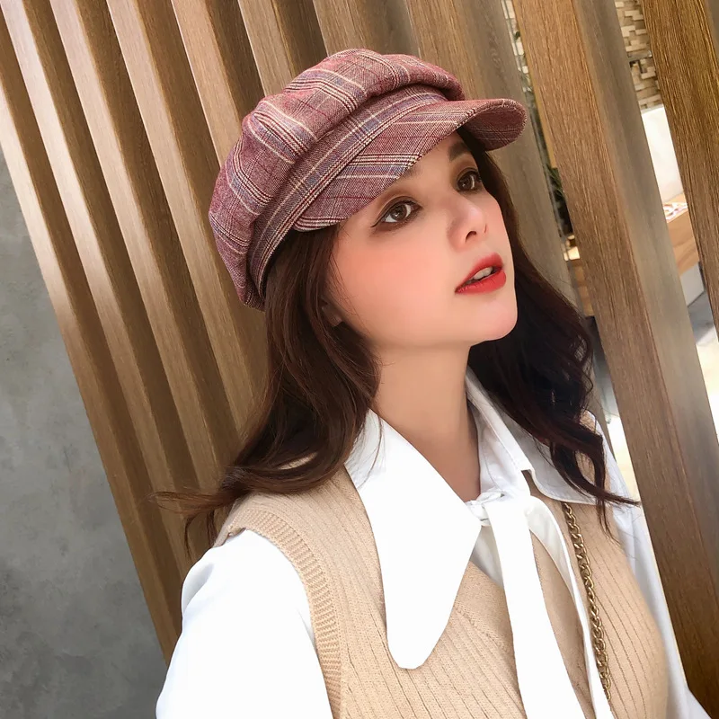 Joker Octagon Hat Japanese Literary Plaid Cap British Retro Male and Female Painters Hat Beret