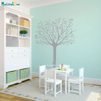 

Spring Tree with Flowers Wall Decals Custom Two Colors Vinyl Art Stickers DIY Leaves Removable Murals Large Size YT5173