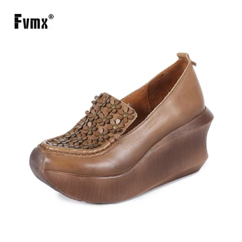 

FVMX 2020 New Handmade Genuine Leather Round Toe Flower Solid Platform Ladies Women Mother Wedges Pumps PU Foam Thick Sole Shoes