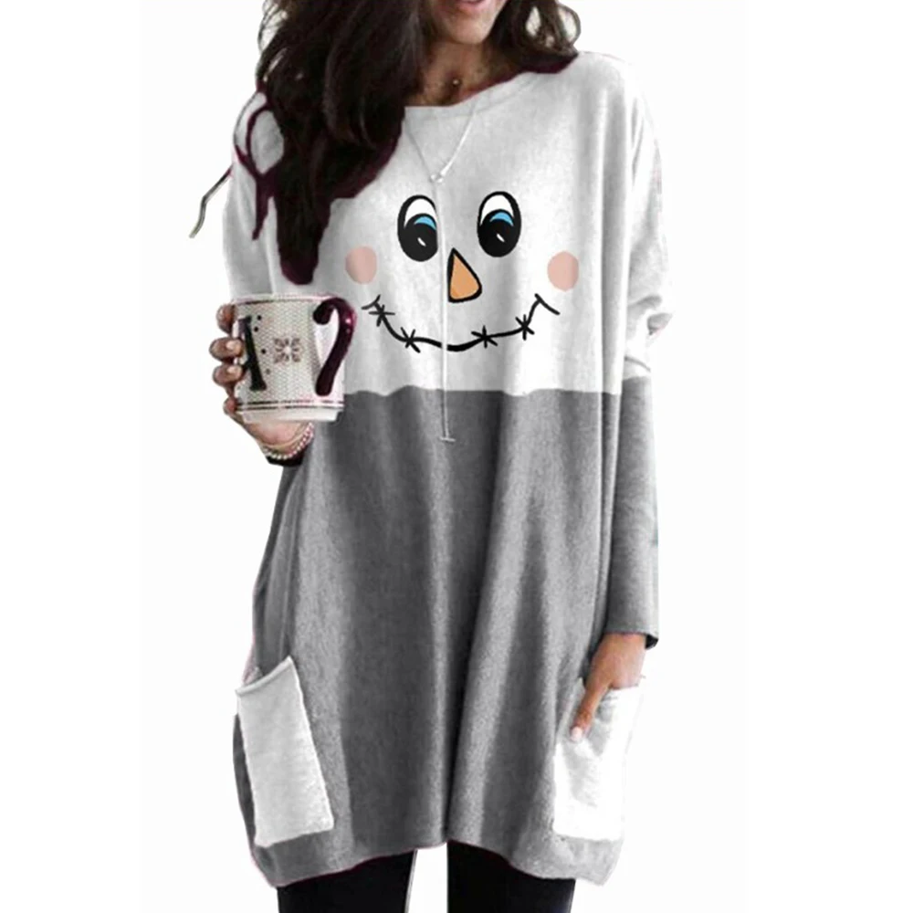 VICABO Women Tops 2020 Christmas T Shirt Long Sleeve O-neck Pockets Casual Snowman Print Female Shirts
