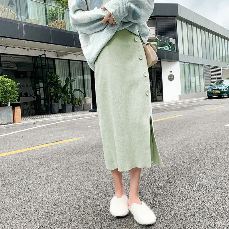 MMHigh Waist Autumn&Winter Women Button Skirts Warm skirt Long Female Rib Skirts With ButtonCM