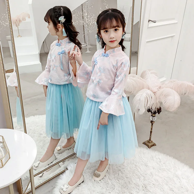Hanfu/детский кружевной Чонсам; Ципао для девочек; Традиционный китайский новогодний костюм; восточные платья с длинными рукавами; платье для дня рождения