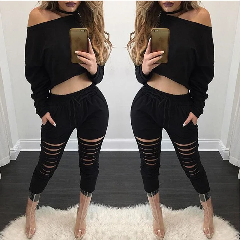 Solid Ripped 2 Two Pieces Set Top and Pants Women Sweatshirts Hollow Out Tracksuits Pcasual Crop Tops Sexy Suit Hoodies Slim |