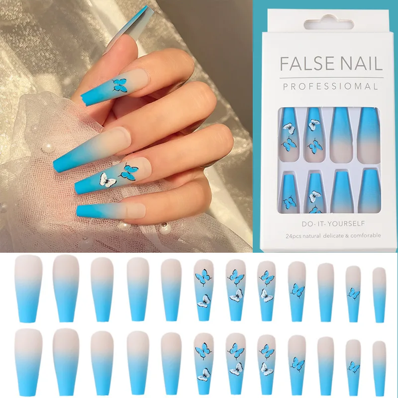 24PCS Blue Butterfly Press On Nails Long Square Head Fake Removable Wearable Artificial Salon DIY Art WD | Красота и здоровье