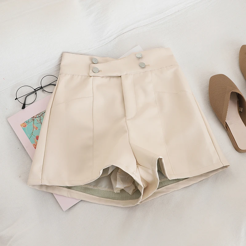 HELIAR PU Leather Shorts Women High Waist Buttons Sashes Chic Shorts Wide Leg Outwear Shorts Fall INS Hot Shorts Women - Цвет: APRICOT