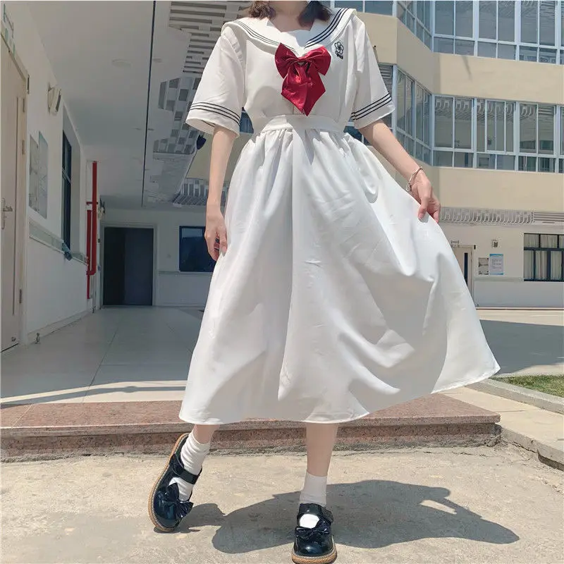 Harajuku Sailor Collar Navy Dress Japanese Lolita Sweet Bow-knot Girl Retro Cotton Kawaii Preppy Style Short Sleeve Dress Women