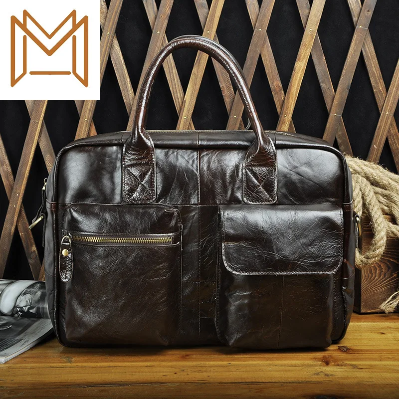 

Head Layer Oil Wax Cowhide Genuine Leather Man 14 Inch Business Affairs Portable Document Computer Package