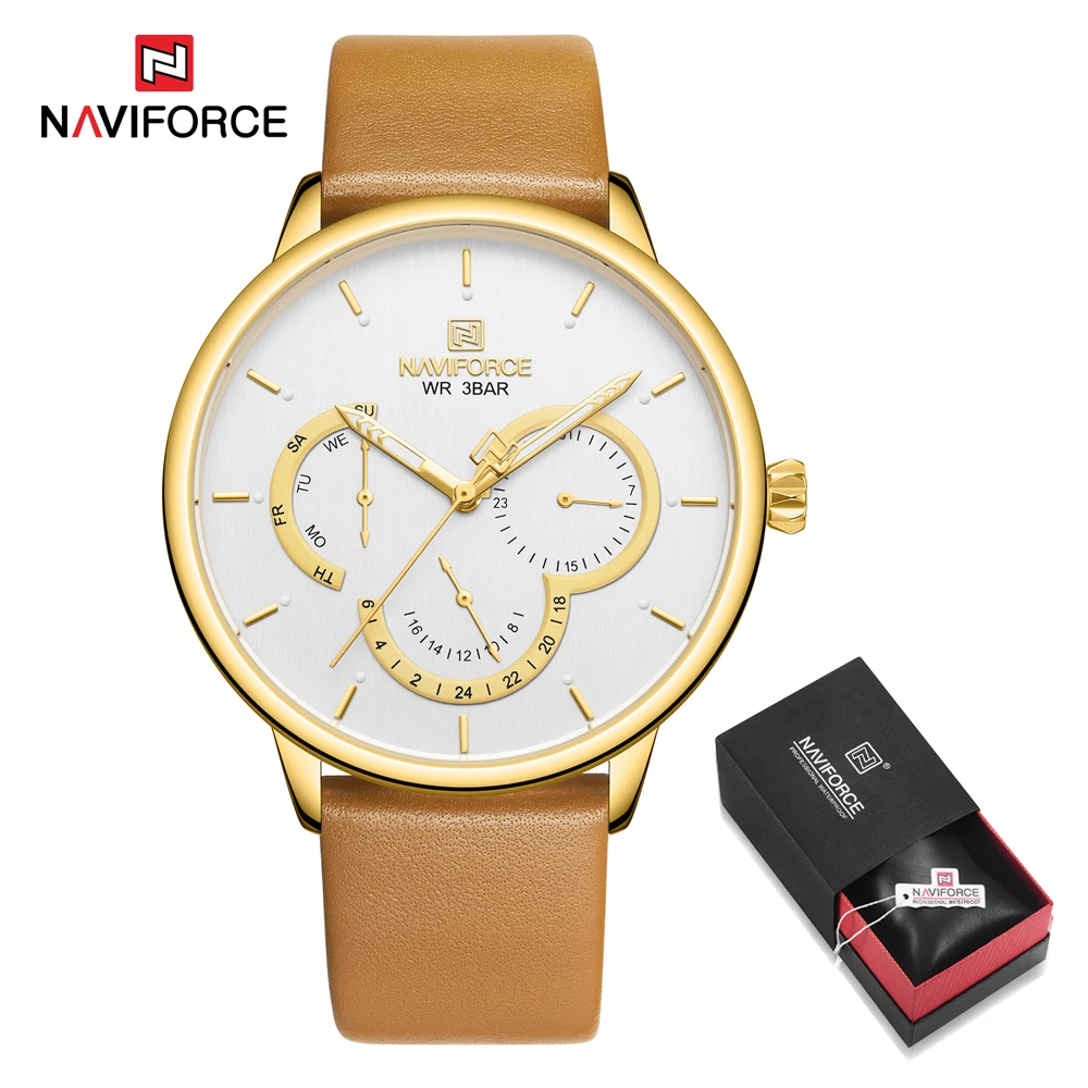 Gold in Box Часы с большим циферблатом, хронограф, кожаные часы для мужчин, NAVIFORCE, Новые повседневные Брендовые Часы для мужчин, светящиеся часы с календарем, кварцевые часы - Цвет: Gold in Box