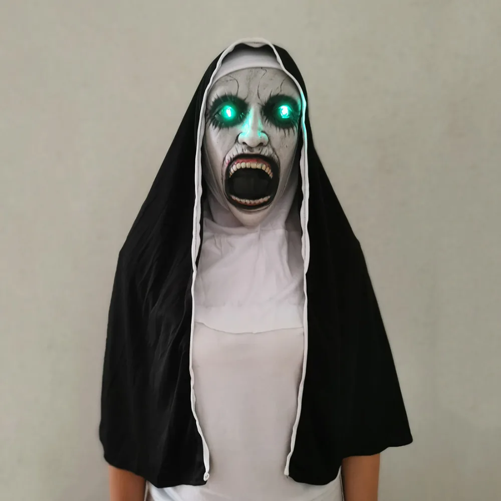 Horror The Nun Маскарадная маска для детей и взрослых, полный шлем с шарфом, страшный латексный светодиодный шлем, вечерние костюмы для Хэллоуина