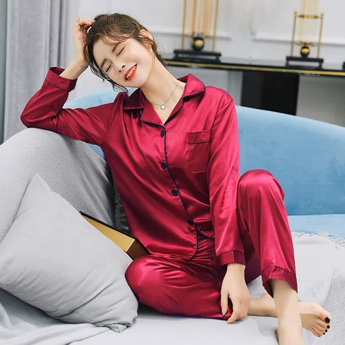 Sexy satin couple pajamas set Silk Pajamas For Women and men Lovers long sleeved autumn Pyjamas Sleepwear Sets Pijama Mujer - Цвет: 8106hong