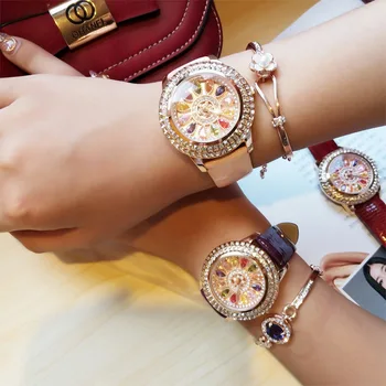 

Luxury Elegant Women Watches Fashion Lady Genuine Leather Diamond Table Dress Watch Lady's Wristwatch rhinestone watches Clock