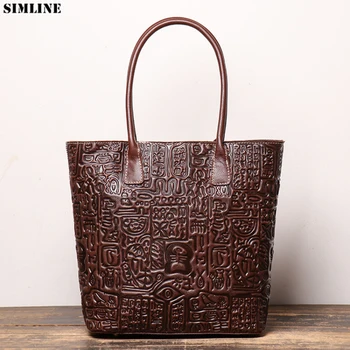 

SIMLNE Genuine Leather Handbag For Women Female Vintage Handmade 100% Cowhide Large Capacity Tote Handbags Shoulder Bag Ladies
