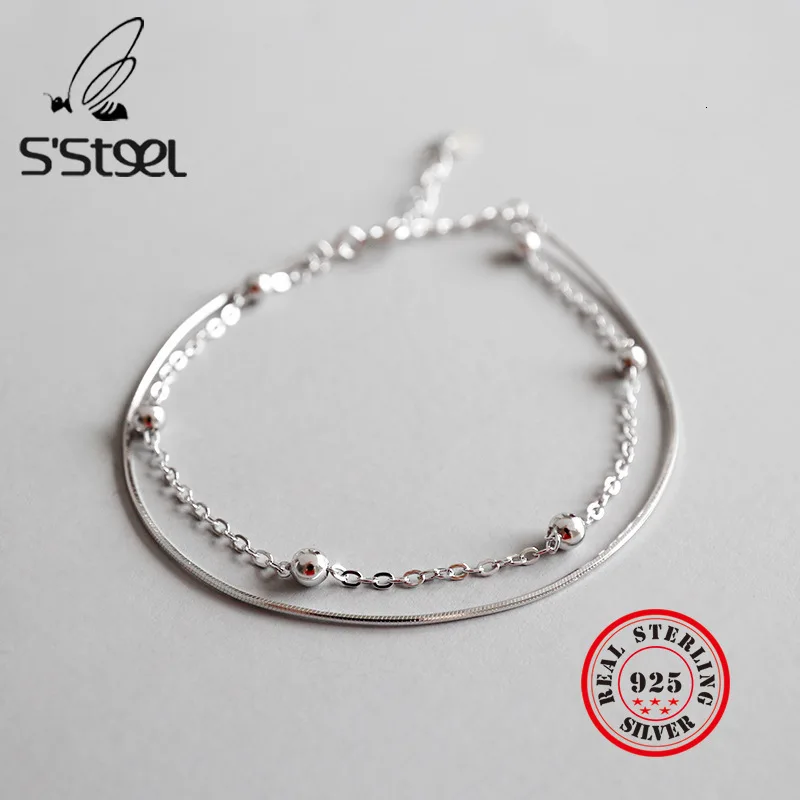 S'STEEL, женские 925 пробы, серебряные, круглые, из бисера, змеиная цепочка, двойной слой, Pulseras Plata De Ley Bijoux Femme,, подарок для женщин