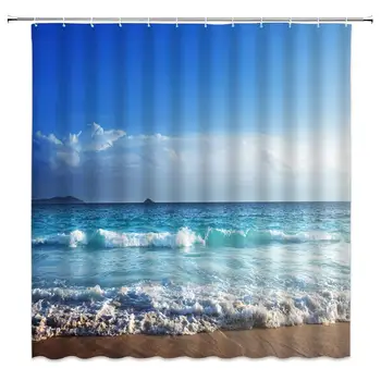 

Ocean Shower Curtain Decor Wave Beach Sky Pastoral Seascape Blue Fabric Bath Curtains Bathroom Accessories Polyester with