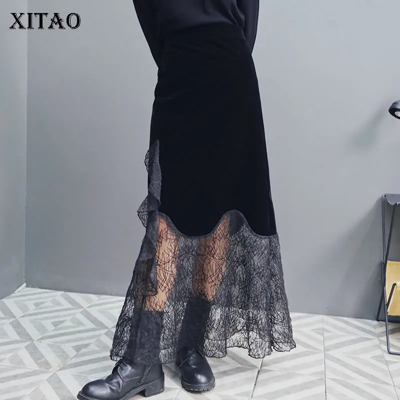 XITAO/черная сетчатая юбка с вышивкой в стиле пэчворк, с оборками, с высокой талией, женская одежда, модная Универсальная юбка-макси, осенняя новинка, WQR1896