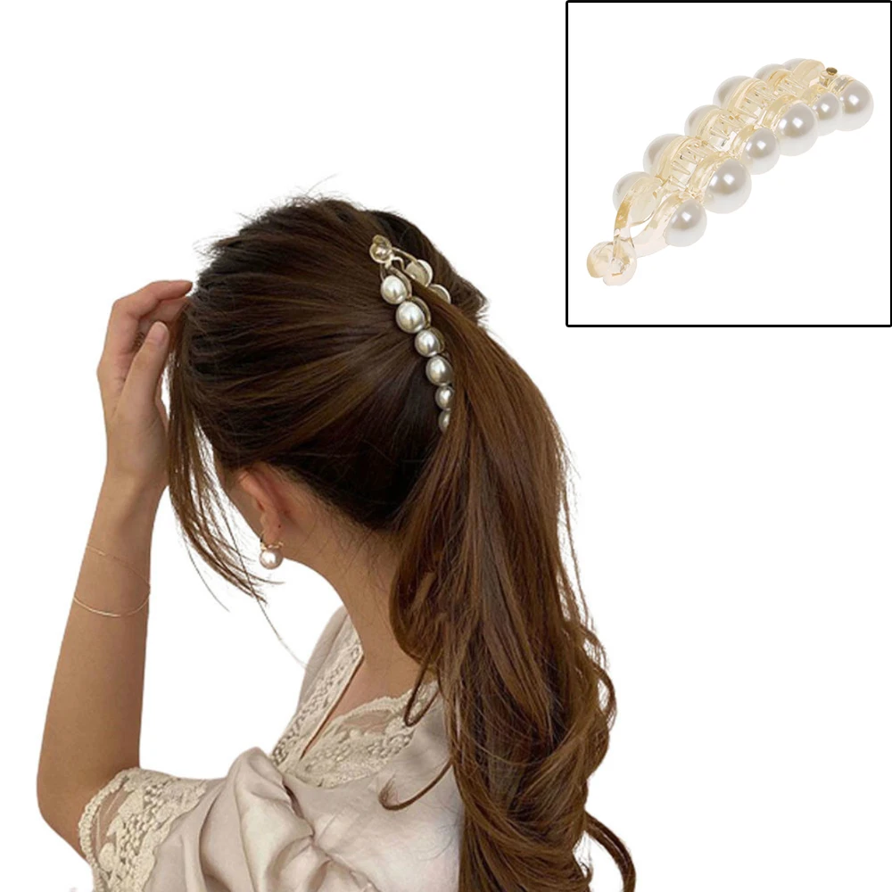 

Pearl Clip Acrylic Banana Hairpin Artificial Pearl Hair Clip Ponytail Holders Vertical Clip Hair Barrettes Headdress for Women