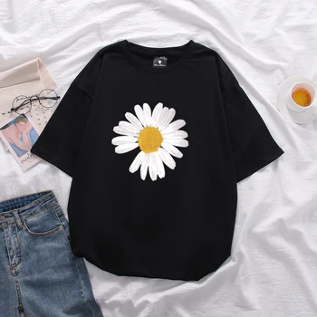 

Daisy printed women's cotton large size loose short-sleeved t shirt unisex mid-length Tops soft summer T-shirt