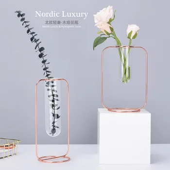 

Household round bottom iron Vase ornament Nordic ins rose gold transparent glass tube hydroponics flower shelf shelf