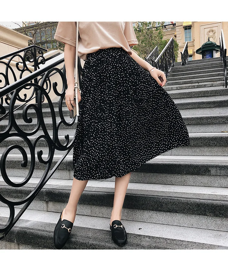 [Dowisi] женское платье в Корейском стиле, с высокой талией, средней длины, в горошек, с эластичной талией, юбка трапециевидной формы, F6347