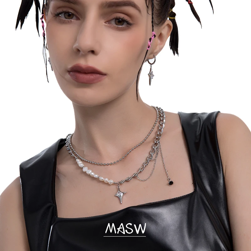 MASW Original Design Fashion Chain Necklace 2021 New Trend Two Layer Natural Pearl Glass Star Pendant Necklace Women Jewelry