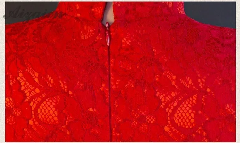 Красный Русалка феникс вышивка Cheongsam современная мода блестками и длинными Qi Pao Для женщин Китайский традиционный свадебный платье