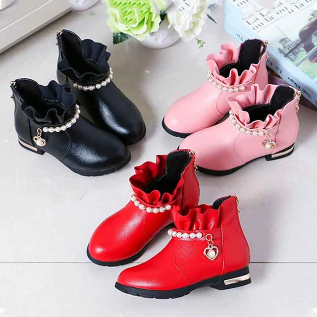 Botines De Cuero Para Niños, Botas De Encaje Con Cadena De Perlas Para Niñas De Zapatos De Vestir Antideslizantes Planos Informales Negros Y Rojos - Botas - AliExpress