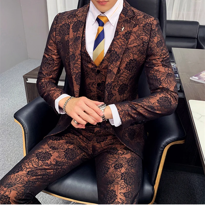 Цветочный жаккардовый костюм для мужчин Slim Fit коричневый бордовый темно-синий костюм для жениха из трех частей DJ партии выпускного вечера сценический костюм Q882