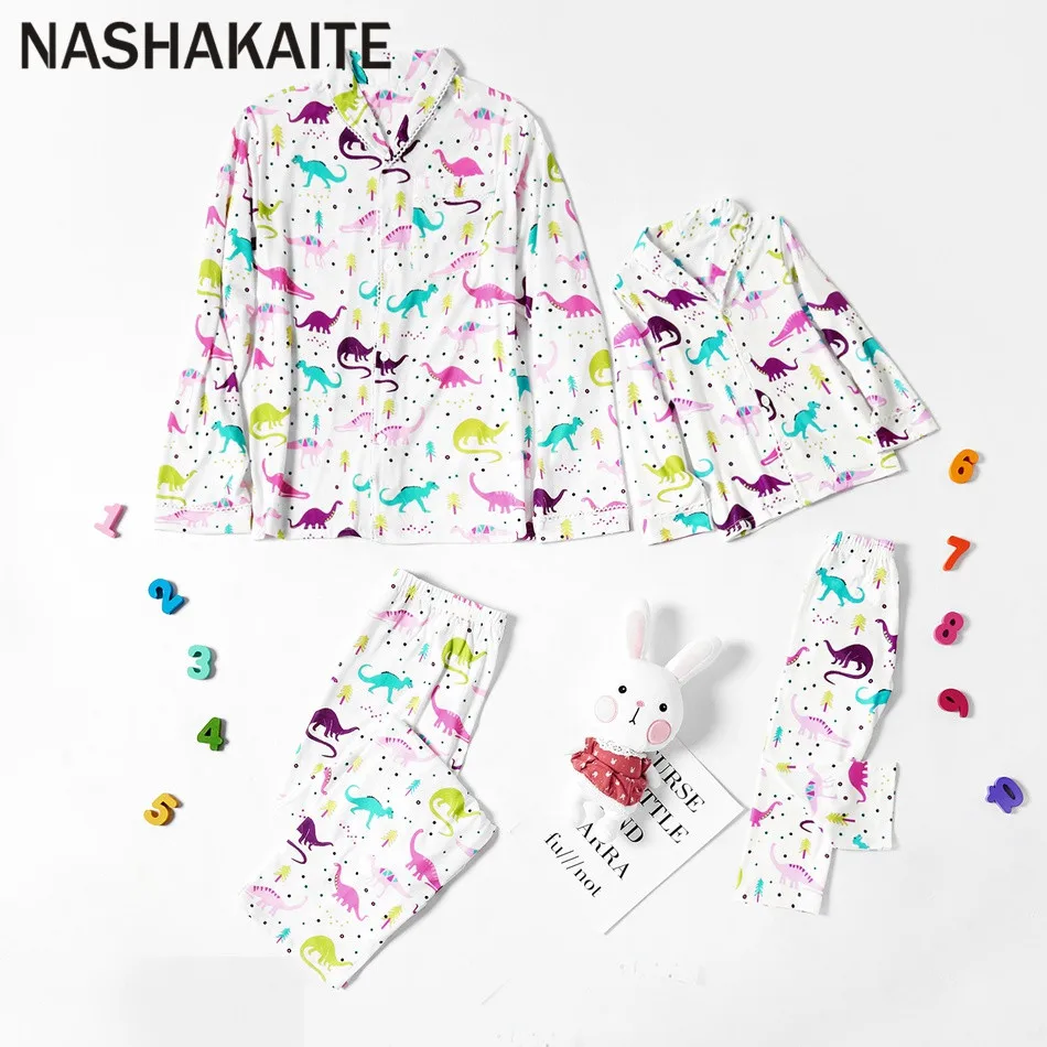Dinosaur Pattern NASHAKAITE/пижамы «Мама и я»; милый пижамный комплект с треугольным вырезом с рисунком свиньи, лошади, динозавра; одежда для мамы и дочки - Цвет: Dinosaur Pattern