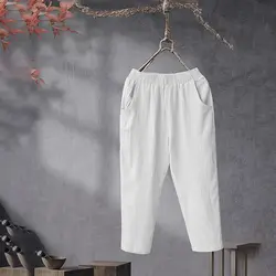 2019 новые женские брюки из хлопка и льна, однотонные шаровары с эластичной резинкой на талии, женские укороченные брюки осень-зима