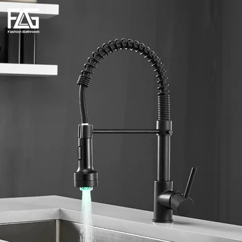 FLG LED Kitchen Faucets Spring Style Brass Faucet Pull Out Black Kitchen Mixer Taps Hot and Cold Water Swivel Sink Tap 189-33 ulgksd kitchen faucet black brass pull out sprayer vessel sink faucet deck mounted hot and cold vanity faucets mixer water taps