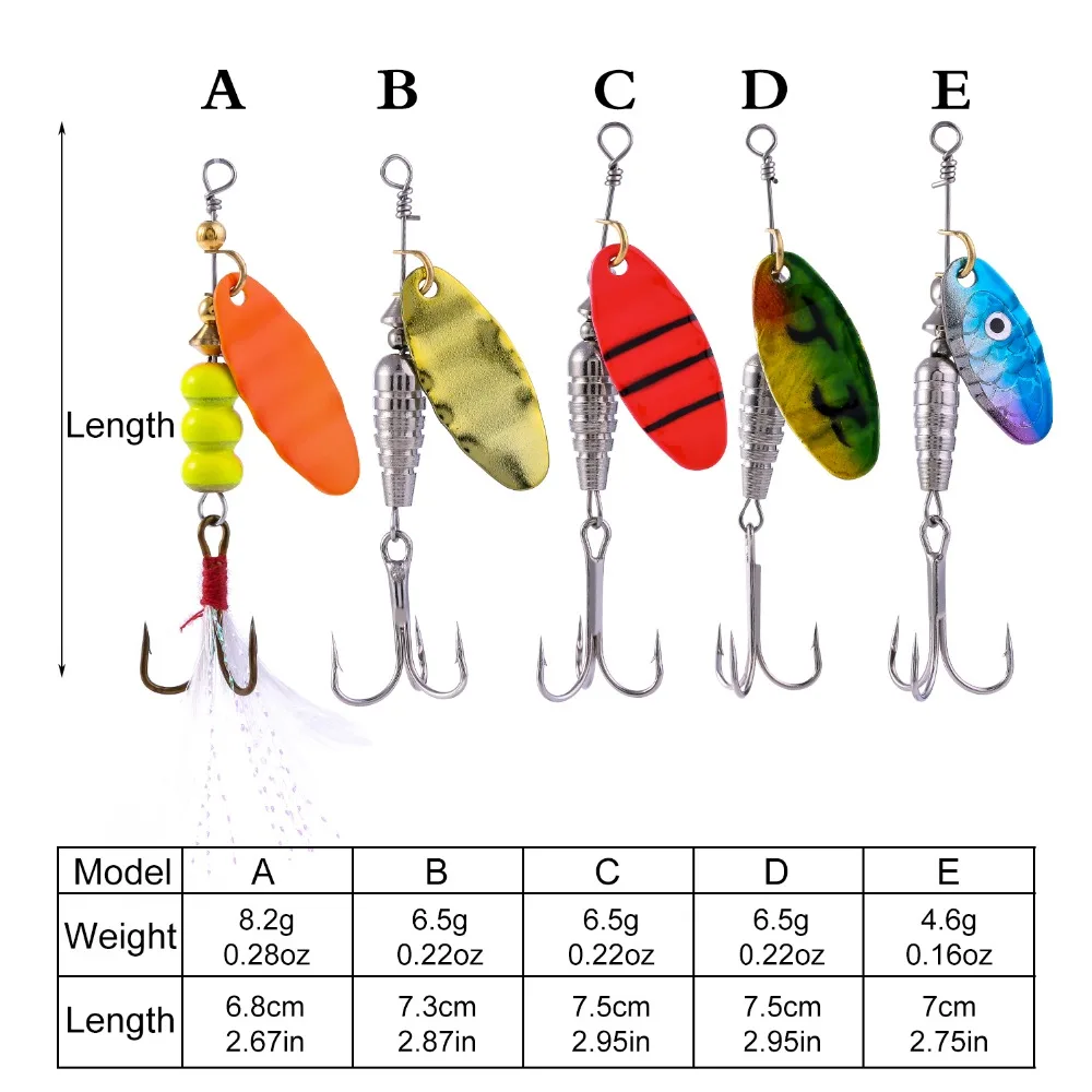 Sougayilang 5Pcs Metal Spinner Baits Fishing Lure with Rooster Tail Hook Carp Fishing Tackle Life-like Fishing Hook