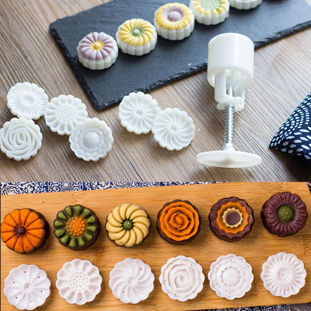 stampi per biscotti in plastica stampi per torta di luna cinese Set di 5 stampi per torta di luna utensile da pasticceria da cu stampo a pressione a mano 50 g quadrati a forma di fiore 